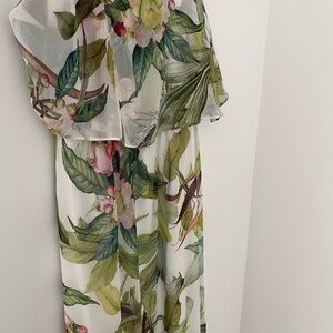 Adrianna Papell White Floral Maxi Dress with Green Leaves and Pink Blooms